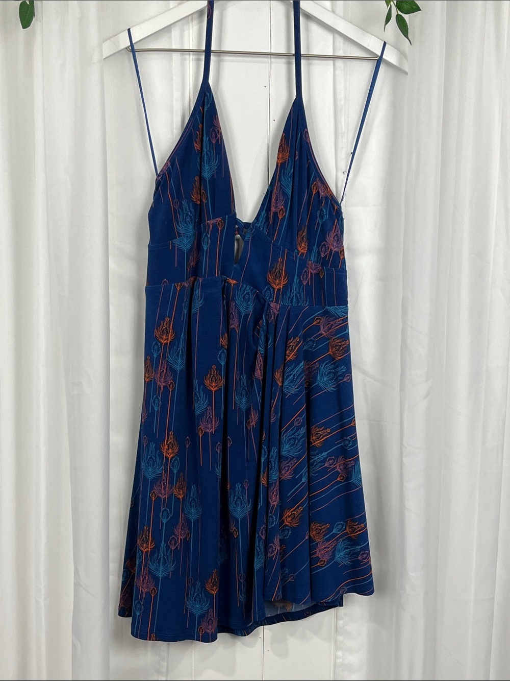 Free People Womens Mini Dress M Royal Blue Floral Halter Lined Full Skirt EUC
